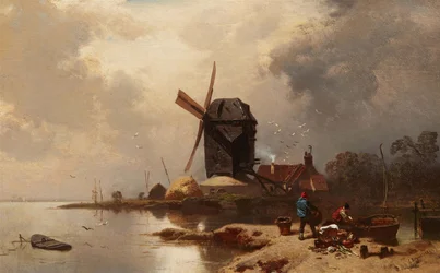 Duits: Bockwindmühle an einem Seeufer Postmolen aan de oever van een meer
