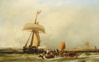 Duits: Nederlands Kustgezicht met Zeilschip en Boten Nederlands Kustgezicht met Zeilschip en Boten
