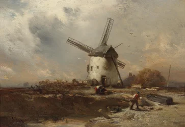 Landschap met windmolen en decoratieve figuren