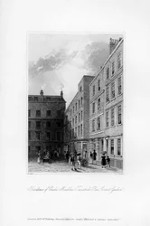 Exterieur van de laatste residentie van Charles Macklin, Tavistock Row, Covent Garden, 1840