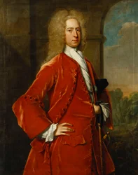 Portret van kolonel William Forward, M.P., driekwart lengte, in een rode jas en vest en witte kraag, bij een stenen boog, een landschap daarachter