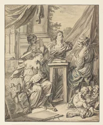 Schone Kunsten gepersonifieerd door drie vrouwen die de herkenning voor Lodewijk XV vieren, 1753