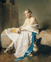 Een elegante dame met haar Franse bulldog in een interieur, ca. 1925 (olieverf op doek)