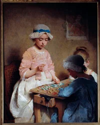 De loterijpartij. Schilderij door Charles Chaplin (1865)