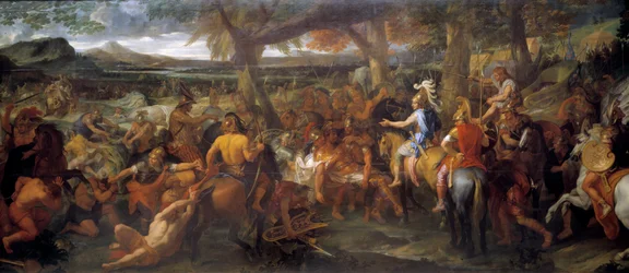 Alexander en Porus. In 327 v.Chr. zette Alexander de Grote zijn verovering voort in de richting van de Indusvallei. In 326 v.Chr. versloeg hij Puru (of Poros, koning van de Paurava-stam in de 4e eeuw v.Chr.) en zijn leger oorlogsolifanten in de Slag bij