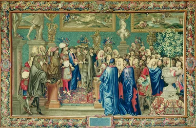 Audiëntie verleend door Lodewijk XIV (1638-1715) aan de Graaf van Fuentes, Koninklijk Ambassadeur van Filips IV van Spanje, in het Louvre, 24 maart 1662, Gobelins Werkplaats
