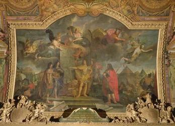 Koning Lodewijk XIV (1638-1715) geeft bevel om gelijktijdig vier van de sterkste Nederlandse posities aan te vallen in 1672, plafondschildering uit de Galerie des Glaces