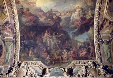 Koning Lodewijk XIV (1638-1715) regeert alleen in 1661, plafondschildering uit de Galerie des Glaces