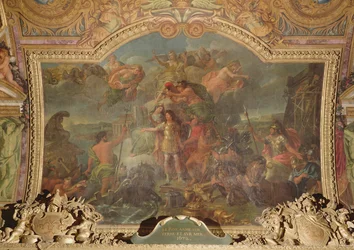 Koning Lodewijk XIV (1638-1715) neemt de wapens op land en op zee op in 1672, plafondschildering uit de Galerie des Glaces