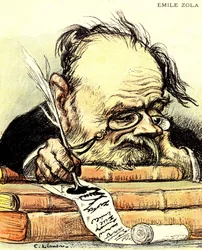 Cartoon door Emile Zola (1840-1902) schrijvend, zichtbaar zonder inspiratie - Illustratie door Charles Leandre in 