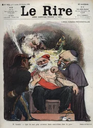 Emile Loubet - Gratis presidentiële pensioenen - Meneer Loubet - Het is moeilijk om hun overtuigingen in mijn huid te krijgen! - (Charles Leandre (1862-1934) bespot de staat, de kerk en het leger aan het bed van president LOUBET, bedekt met maçonnieke en a
