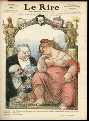 Illustratie van Charles Léandre (1862-1934) voor de omslag van Le Rire, 03/01/14 - Les étrennes de Marianne - Tribun - Clemenceau George, Jaurès Jean, Briand Aristide, Marianne, Caillaux Joseph (1863-1944)