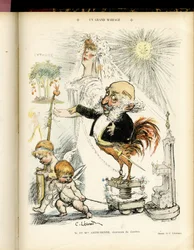 Illustratie van Charles Leandre (1862-1934) in Le Rire, 22/10/04 - Un grand mariage - Huwelijk - Coq, Meyer Arthur - Animalisatie