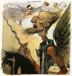 Paul Déroulède (1846-1914), Frans schrijver en nationalistisch activist, een belangrijke figuur binnen het antidreyfusisme, door Charles Léandre gekarikaturiseerd als ridder Don Quichot: op weg om tegen windmolens te vechten draagt hij onder zijn arm een