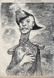 De acteurs van de grote Dreyfus-komedie - Portret van Raoul Le Mouton de Boisdeffre (Generaal de Boisdeffre) (1839-1919), Franse militair - cartoon door Charles Leandre (1862-1934) in 