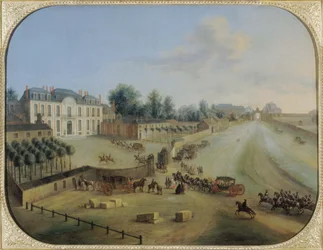 Uitzicht op het Kasteel de la Muette met de aankomst van Koning Lodewijk XV (1710-74), ca.1738