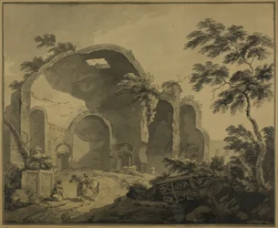 Romeinse ruïnes met twee boeren in gesprek op de voorgrond