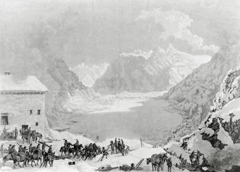 Franse leger van Eerste Consul Napoleon Bonaparte bij Great St Bernard Pass Hospice, 20 mei