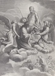 Saint Louis van Frankrijk ontvangen in de hemel door Christus en twee engelen die hem de c... aanbieden, 1671-80