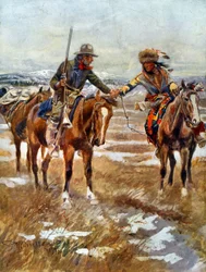 De ontmoeting van Amerikaanse en Indiaanse mannen die elkaar te paard de hand schudden