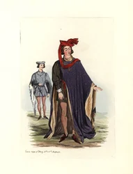 Typisch mannelijk kostuum tijdens de tijd van koning Hendrik IV en Hendrik V, illustratie uit 