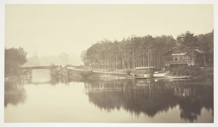 Zonder titel, ca. 1850. [Brug en chalet in het Bois de Boulogne, een park in Parijs]