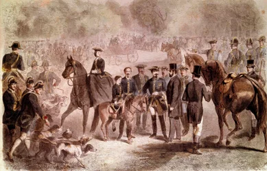 Napoleon III: De jachtbijeenkomst bij de Koningsbron nabij het bos van Compiègne tijdens het verblijf van koning Willem III (1817-1890). Gekleurde gravure door C. Maurand en G. Janet naar Fortris gepubliceerd in 