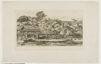 Inheemse schuren en hutten bij Akaroa, Banks