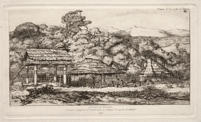 Inheemse schuren en hutten in Akaroa, Banks Peninsula, 1845, 1865