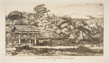 Inheemse schuren en hutten bij Akaroa, Banks Peninsula, 1845, uit "De reis naar Nieuw-Zeeland (1842-46)"