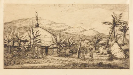 Nieuw-Caledonië: Grote inheemse hut aan de weg van Balade naar Puebo, 1845