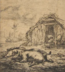 Drie varkens liggend voor een schuur, 1850