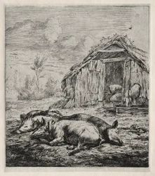 Drie varkens liggend voor een stal, 1850