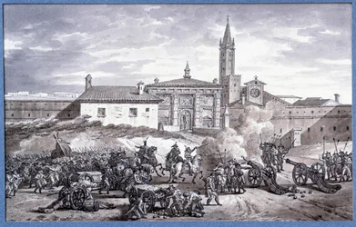 Campagnes van Italië: Napoleon Bonaparte (1769-1821) en maarschalk Augereau bij een deur van Verona in Italië met een kanon in 1796