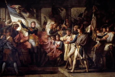 De maarschalk Michel Ney (1769-1815) overhandigt de soldaten van het 76e linie regiment hun teruggevonden vlaggen op 7/11/1805