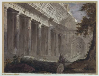 Antieke ruïnes met figuren die contempleren