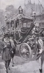Koning Edward VII en koningin Alexandra in de staatskoets terugkerend van hun kroning in Westminster Abbey, Londen