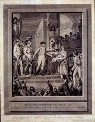 Napoleon verdeelt de sterren van het Legioen van Eer aan de Invalides 26 messidor an XII. Gravure door Charles Monnet (1732 - Ap 1808)