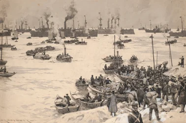 Japanse troepen landen in Korea in 1905. Tekening en gewassen (30.1x45.6 cm) door Charles M. Padday () , begin 20e eeuw.