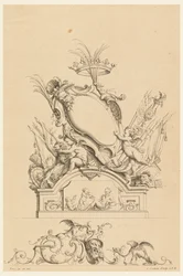 Ontwerp voor cartouche met kroon, twee putti die Bacchus dienen, en twee leeuwen uit 