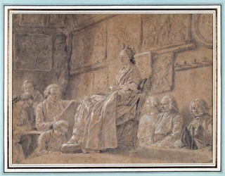 Wedstrijd voor het nemen van de uitdrukking van het hoofd. Verschillende kunstenaars in een atelier die een model portretteren. Tekening door Ch. Nicolas Cochin