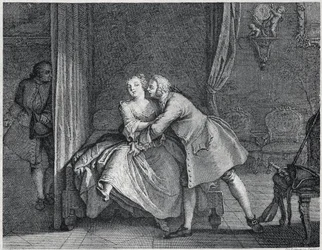 De oorwerkmaker en de malrek illustratie voor Les contes de La Fontaine, circa 1743. Gravure door Charles-Nicolas Cochin
