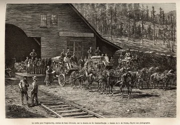 Het Reno-station, om het ticket naar Virginia City (Nevada) te nemen, op de Central Pacific Railway (Central Pacific), gegraveerd naar de tekening van O. de Penne, ter illustratie van de reis van Washington naar San Francisco, in 1868, door L. Simonin, gep