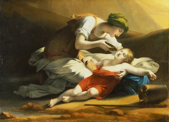 Hagar geeft Ismaël water uit de wonderbaarlijke bron in de woestijn