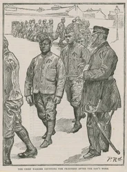 De hoofdopzichter telt de gevangenen na een dag werk