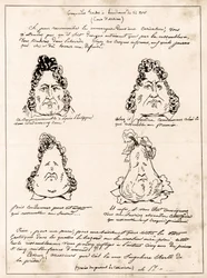 Croquades gemaakt tijdens de hoorzitting van 14 november - cartoon Louis Philippe in peer door Charles Philipon - 1832 - (Louis-Philippe verandert geleidelijk in een peer)