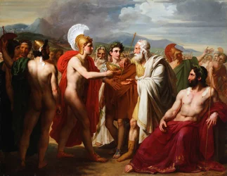 Achilles presenteert de prijs van wijsheid aan Nestor tijdens de begrafenisspelen