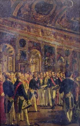 De Senaat presenteert Louis Napoleon Bonaparte (1808-73) het resultaat van het referendum dat hem tot keizer uitroept, in Saint-Cloud, 1 december 1852