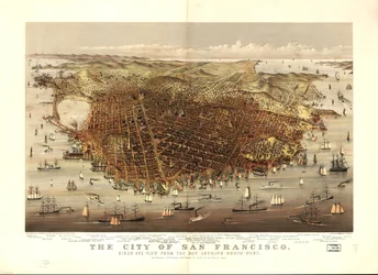 De stad San Francisco. Vogelperspectief vanaf de baai kijkend naar het zuidwesten