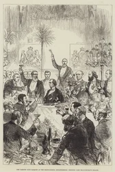 Het Carlton Club-banket in de rijschool, Knightsbridge, drinkend op de gezondheid van Lord Beaconsfield